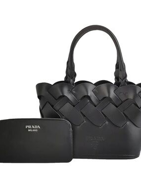 Prada Black Woven Leather Tote with Removable Pouch